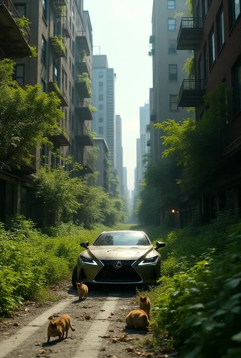  New York 、Aerial view。 brown tiger cats roam freely around the city 、Scenery where greenery has been regenerated 。 2024 The newest Lexus is left in the middle of the road in a state covered by 、Decayed after 100 years 、 plants and trees 100 years after {x...