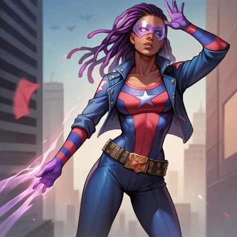  masterpiece ,  best quality ,  ultra high resolution ,  realistic skin texture, comics style, 4k image, beautiful,  an African-American girl , dreadlocks, belt, Alone, long hair, purple eyes,  superhero visor  , breasts,  looking at the viewer, purple hai...