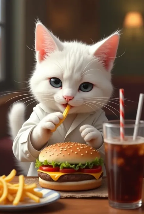 Enjoying the meal

"The white cat stylish white cat wearing black jeans and a white shirt begins eating the burger, expertly using its paws to take bites. It dips fries into ketchup and sips Coca-Cola from a straw, enjoying the meal thoroughly. The cat loo...