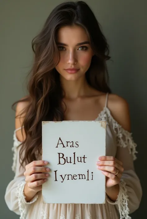 Beautiful girl with long wavy hair wearing a bohemian dress, holding a white board with writing on it "Aras Bulut İynemlioTerms and Conditions