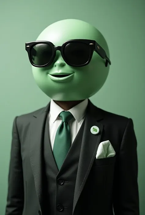 Gentleman, using a suit, only top half showing, he has a mentos as his head, the mentos is using sun glasses, he gas a mint leaf logo on his pocket