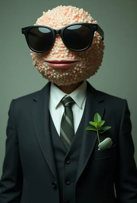 Gentleman, using a suit, only top half showing, he has a mentos as his head, the mentos is using sun glasses, he gas a mint leaf logo on his pocket