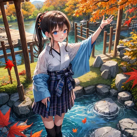 Chestnut Hair、 blue eyes、Hair tied up、Two cute、 plaid mini skirt 、 BLACK T-SHIRT、 Long Sleeve 、kimono、striped high socks、Teeth are visible、lawn、The stone is cracked、Uneven ground、The road is curved、Diamond Earrings、View from above、Large autumn tree、Mountai...