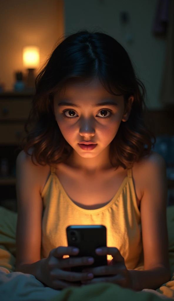 The girl sitting in her modest home, holding a phone in her hand, her face showing a mix of shock and joy. Light from the phone screen reflects on her face, creating a sense of wonder. The room is simple but filled with warmth. Indian mythology style, ultr...