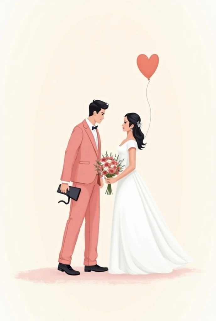  drawing an engagement greeting card ， The boy is wearing an almost white pink suit holding a black and white side herd， The girl is wearing a white slim dress holding a bouquet of flowers ，On the front is a big red happy character 。