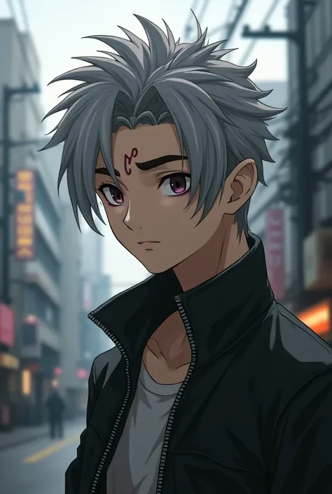 A boy,  with a braid in the front , gray hair,  a scar on his face and a tattoo above the eyebrow and a small eyebrow, in the style of Tokyo Revengers  