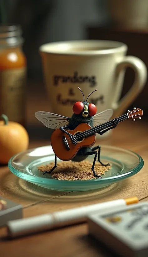 funny, a fly plays the guitar while leaning back sitting on a miniature glass saucer. A large coffee cup, a cup with the text "GRANDONG FUNNY ART", on a table you can see a pack of cigarettes, the miniature is very perfect and detailed