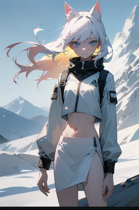 (Absurd), cute girl, upper body, slim body, perfect body, legs out of frame, (albino), midriff jacket, skirt, cat ears, (albino), France, mountain pass, [strong wind, view, village], arrogant smile, tipsy, [looking away], Expressionless