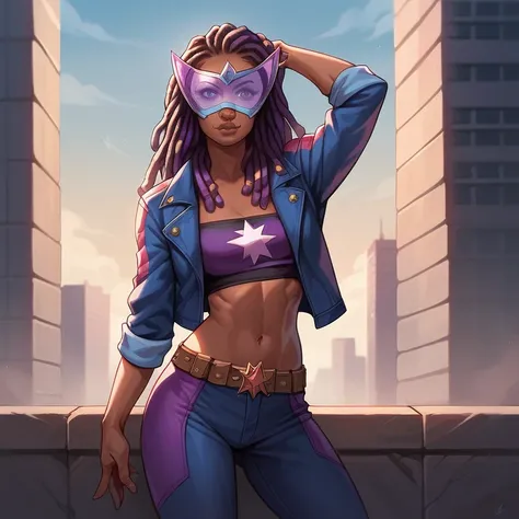  masterpiece ,  best quality ,  ultra high resolution ,  realistic skin texture, comics style, 4k image, beautiful,  an African-American girl , dreadlocks, belt, Alone, long hair, purple eyes,  superhero visor  , breasts,  looking at the viewer, purple hai...