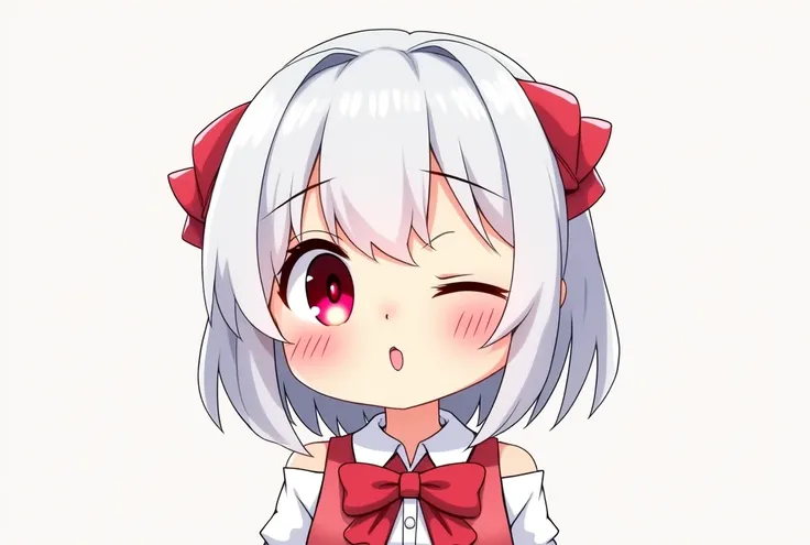 Short Hair, Straight Hair, Red Eyes, Blush, Embarrassed, Simple background, Lineup, Anime, white hair, 1girl, wink, w-shaped mouth, cute clothes and full size canvas