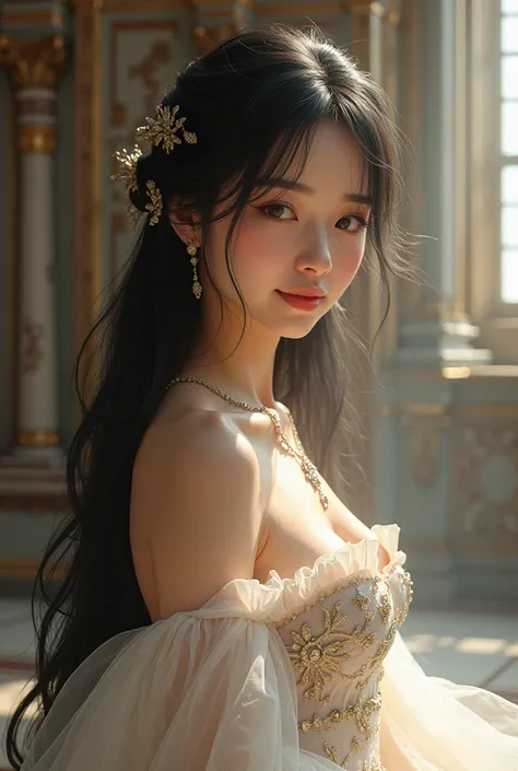 (  facial beauty : 1.3), (超  detailed background,   detailed background: 1.3)、(Droopy eyes: 1.4)、(( Black Hair :1.4))、Long Hair、  Beautiful woman like a goddess、( gorgeous embroidered white dress)、(Detailed church background:1.2), ( charming gentle smile :...