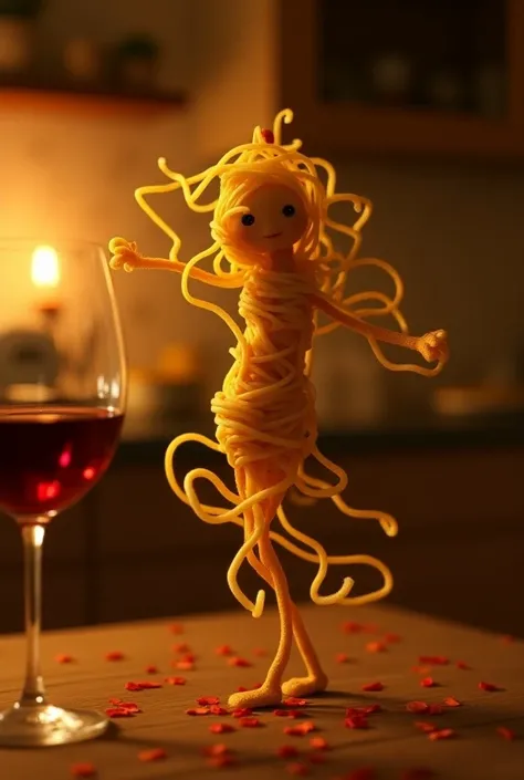 A spaghetti figure performing an elegant waltz, with the kitchen lights casting a warm glow and a glass of red wine on the table, adding a romantic touch.