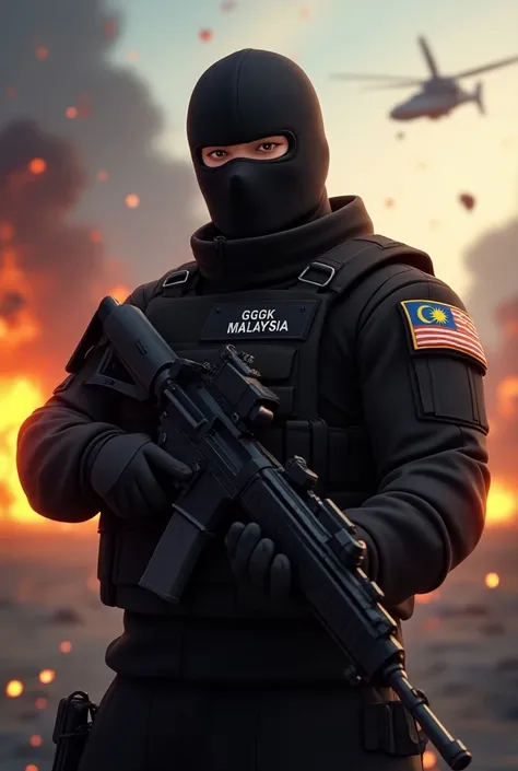 One special forces army in fully black uniform and masked face hes in operation saving people with fire and bombing behind him and holding rifle. Change the patch on his arm to Malaysia flag and the word infront of his uniform into GGK MALAYSIA and make it...