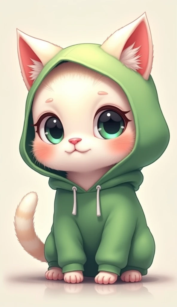 There is a white cat wearing a green hoodie, very beautiful cute catgirl, cute cartoon, cute cat, cute digital art, cute cartoon character, anime visual of a cute cat, cute猫,  cute digital paint , a cute cat, cute detailed digital art, cute adorable, cute!...