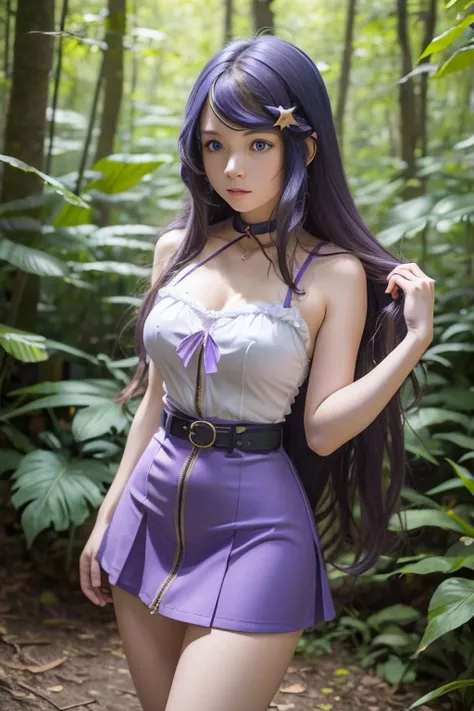  a girl, Anastasia Hoshin,  long hair , ( blue eyes : 1.5), (CABELLO MORADO:1.5), (CABELLO MORADO:1.5), CABELLO MORADO), swept bangs,  hair ornament,  10 cm summer mini skirt in transparent polyester with butterfly print for women with open zipper and stra...