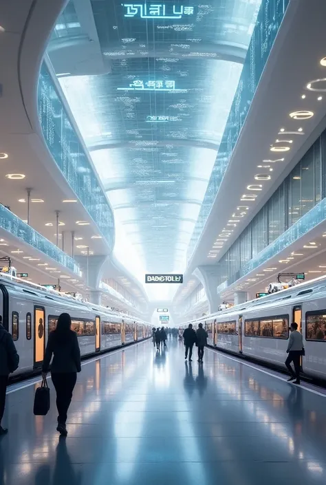 A futuristic transportation hub with high-speed trains, autonomous buses, and a fleet of self-driving cars. Digital displays show schedules, and passengers board smoothly, guided by holographic signs. The architecture is sleek, spacious, and ultra-modern, ...