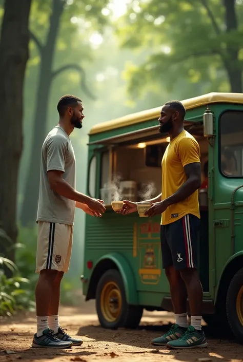 Real Ronaldo and lebron james give dollars and drink tea from a tea truck in the forest.