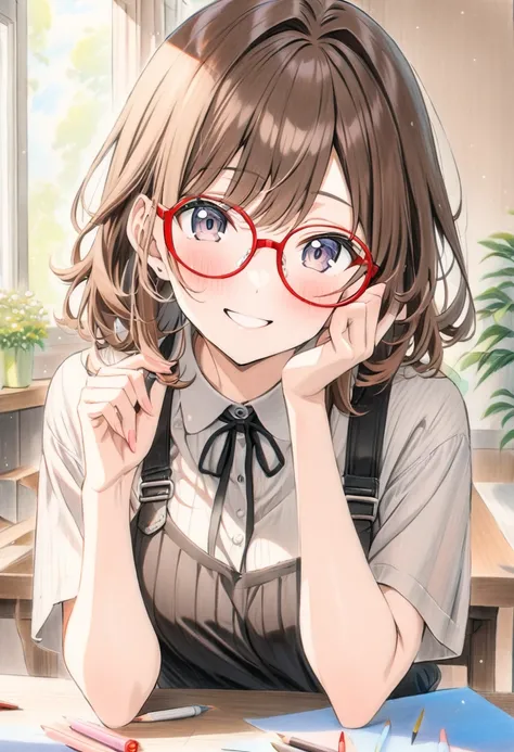 ((style:Colored pencil,pale colour)),(anime), (masterpiece:1.2),1girl, brown hair, black eyes, ((red round eyewear)), smile, blushful, BREAK Please make the best girl with glasses you think.Celebrate a birthday.