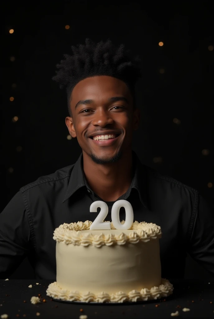 A black boy, 20 year old, black hairs, celebrating his 20th birthday, black theme decoration, high quality, realistic, white chocolate cake