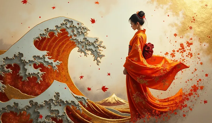 3D textured painting of a Japanese woman in an elegant orange and gold kimono, standing serenely next to an abstract wave created with splashes of thick gold paint and Indian ink. The paint appears dynamically splashed and layered, suggesting motion and en...