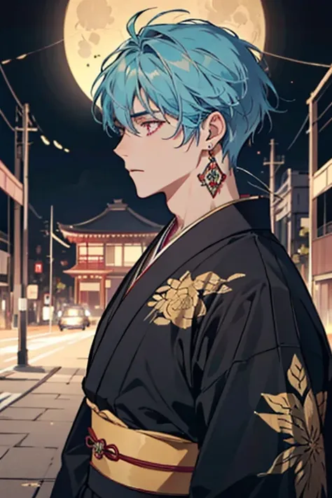 Japanese style,Pictures of adult guys, battle, cool,Pink Eyes,Earrings,tattoo, long light blue hair, intricate detail ,Gold background,  healthy body, Wire,  highly detailed backgrounds , head, Wearing a kimono,breathtaking,  Clear Focus , Small Moon,Glass...