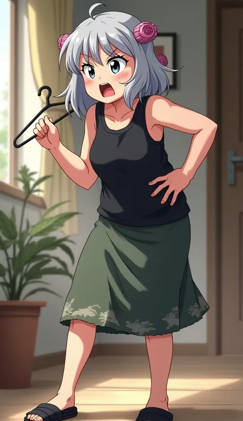 50s years old mother, semi long hair with curlers, grey hair, lousy knee lenght short, black sleeveless, angry, shouting, holding a hanger on hand, 1 arm on waist, black slippers, open_mouth,anime style, with pink curler on hair