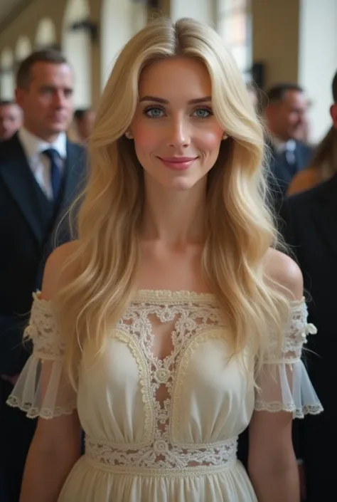 Princess dianas 24 years old daughter princess mary at public appearance (she wearing casual royal dress she not relvealing body and she has fairy beauty with long light yellow hair with blue eyes) crate more realistic way 