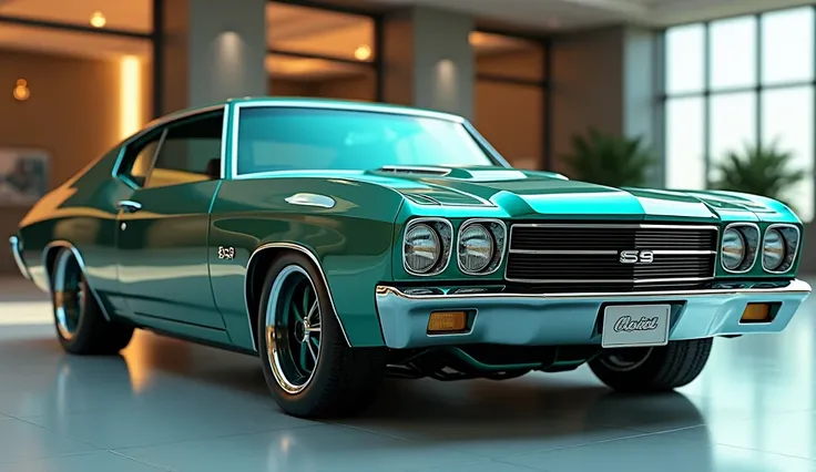 Create lift side a 3d render classiac of metallic teal blue old  Chevy Chevelle 396 p full wider front end sporty design modified backlights“metallic teal blue  clour with a “   Chevy” logo on front end .the chevy  logo green , revealing the license plate ...