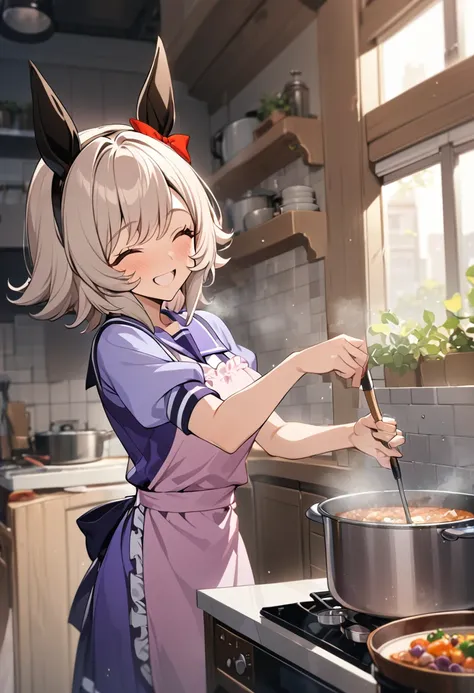 masterpiece , 1 girl , detailed game cg , recent , Curren Chan (umamusume) , tracen school uniform , frilled pink apron , brilliant smile , humming , happy , steam , cooking , hold a ladle , stockpot on dark purple stew , kitchen ,