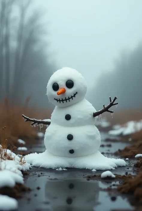 Picture of a melting snowman that is sad and where the snow is dirty and melts 