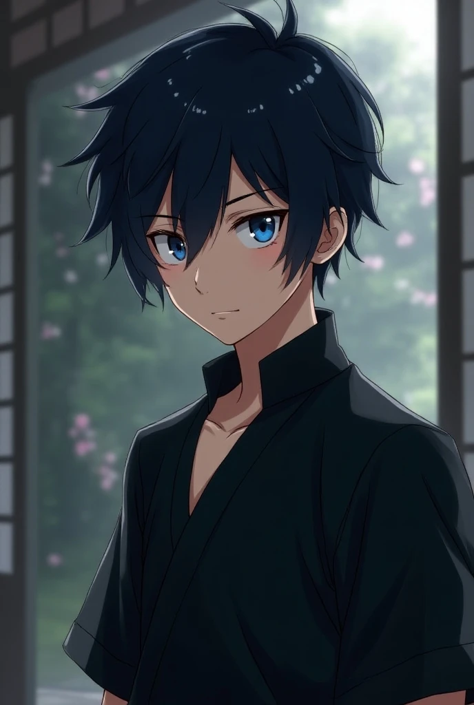 Male . Anime . Blue eye . Black hairs . Round frame . Cool boy . Black shirt. Samura ninja .