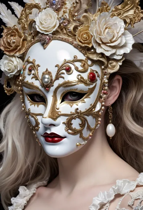 Artwork of a magnificent ((scary and gloomy)), ((broken)), ((macabre)), ((morbid)), ((chipped)) (((porcelain carnival sexy mask))), ((sexy)), ((glamour)), ((rococo)), ((big sagging breasts)), ((ornate piercings)), ((ornate decorations))