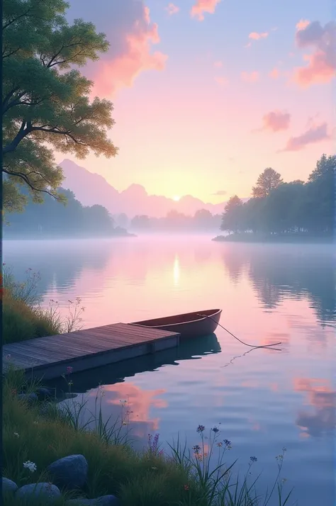 Create a tranquil scene of a serene lakeside at dawn. The image should capture the early morning mist hovering over the calm water, with a soft pink and orange sky reflecting in the lake. Include a small wooden dock with a single rowboat tied to it. The su...