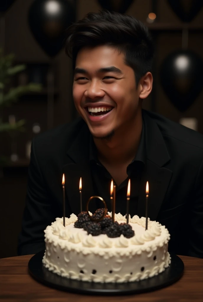 A dark brown boy, 20 year old, black hairs, celebrating his 20th birthday, black theme decoration, high quality, realistic, white chocolate cake