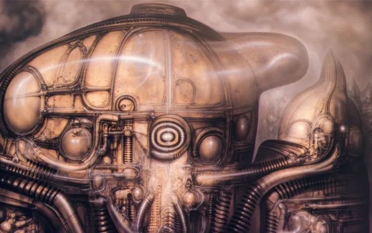 HRGGR, The image is a detailed view of H.R. Gigers biomechanical tableau " LANDSCAPE No 312 " plate, featuring ( Gigers is a fantasy-style illustration of a complex, intricate mechanical structure, resembling a futuristic city or fortress, with a central s...