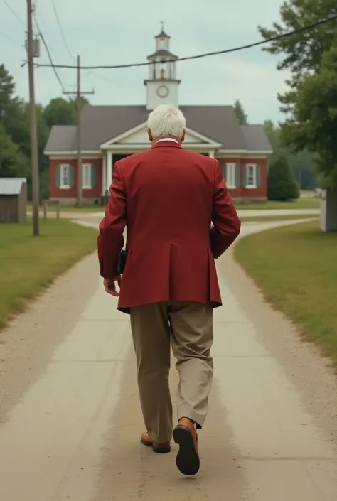 Colonel Sanders leaving school , hes a teenager,  he has his back to school as he goes down the road upset