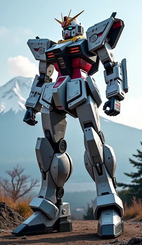 Design a towering, ultra-modern combat robot primarily silver, with bold red and black details, echoing strength and precision. Position it against the backdrop of Mount Fuji, capturing its immense scale and power against the iconic peak.