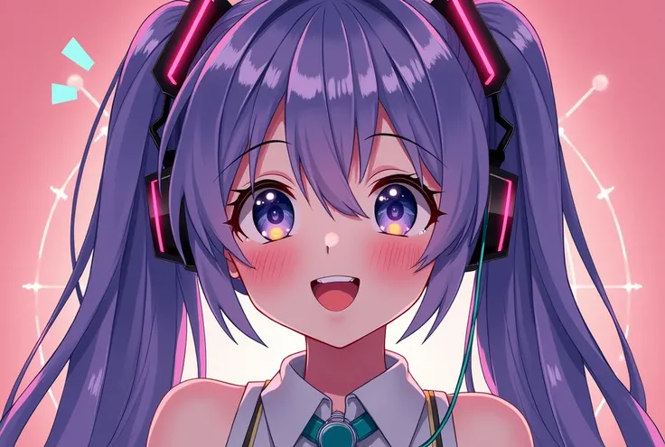 anime, hatsune miku style, purple hair, 1girl, Blush, Open Mouth, Light Smile, Smirk, Licking Lips, Simple background, Headphones, Art Deco, image fills the canvas