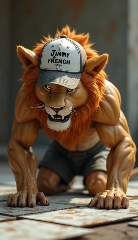 Un lion a forme humaine avec une casquette avec linscription "JIMMY FRENCH STARS AGENCY" entrain dencoller du carrelage