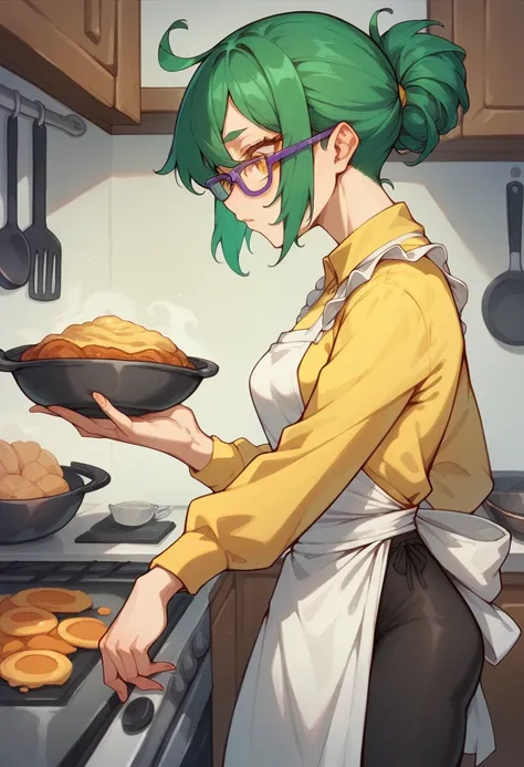 Maki zenin, dark green hair, amber eyes, purple glasses, medium breasts, wearing a white apron, yellow knitted sweatshirt under the apron, black leggings, cooking in the kitchen, eu distracted