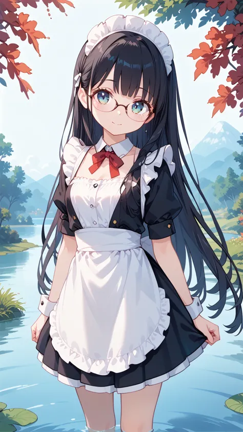 black hair, long hair,glasses,  maid clothes,lake yamakami ,湖畔の別荘,  high resolution on down  , 最高quality, accurate, 高quality, qu...