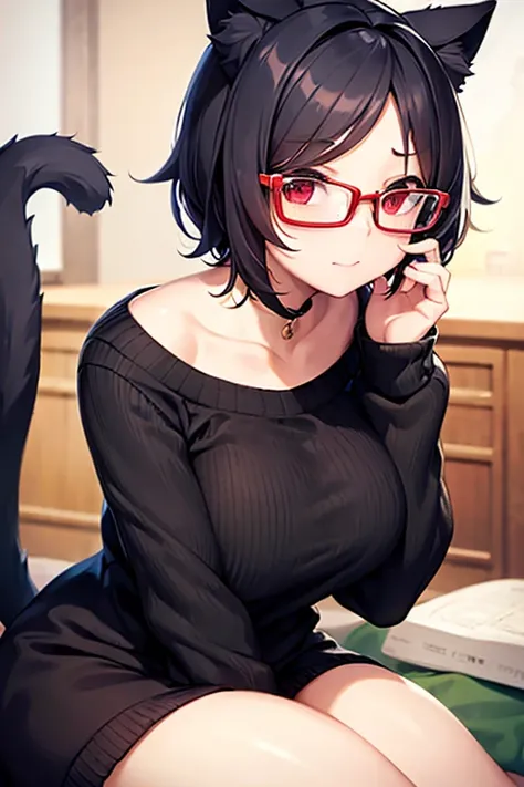 Busty、chubby、Black Hair、 short hair、Glasses、 knitted sweater 、Cat ears、Cat tail 、 is embarrassing、cute、 Red Eye、living 、 very detailed,Best Quality,Precision,correct、masterpiece, High image quality, 1 person、 high resolution on down, 