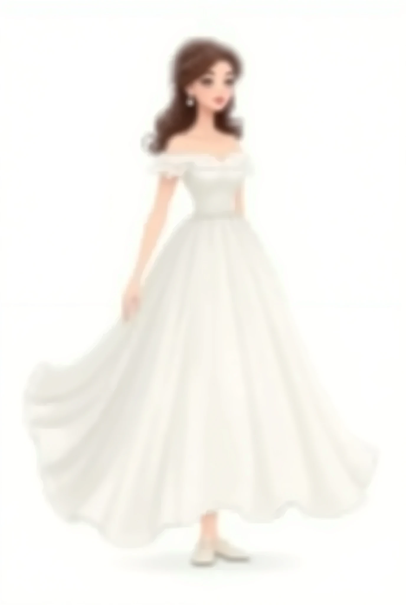 In a cartoon, create a lady in a white full body christening dress with shoes, clear, white background