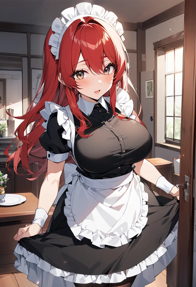 adult sneak,mature girl ,maid,anime girl,hinata,maid outfit,long skirt,apron,long red hair,white eyes, looks gentle , big breast...