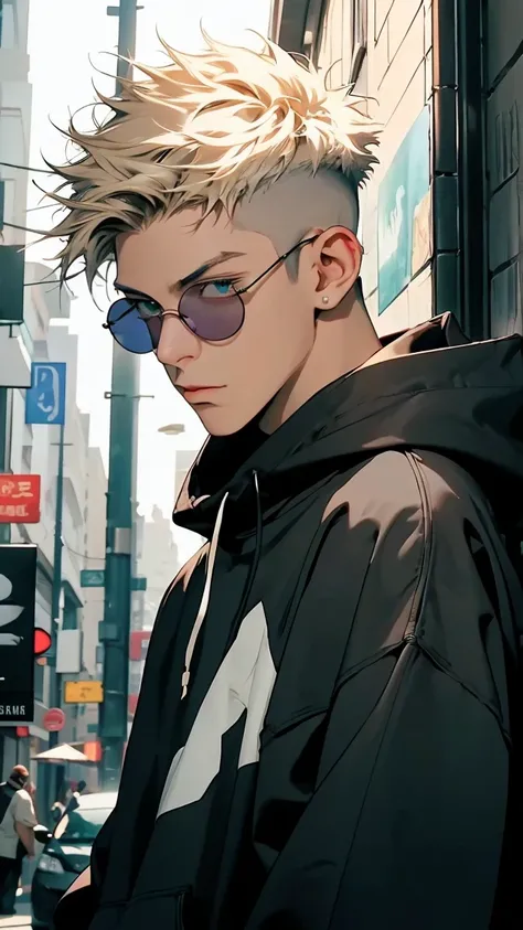 highest quality, 8k, high resolution image, Anime Style Jujutsu Kaisen, detailed strokes, dark skin, bored look, blurry, purple light reflecting from it, (close angle), 1 man, male, Model, cool guy, Athletic Type, multicolored background with different geo...