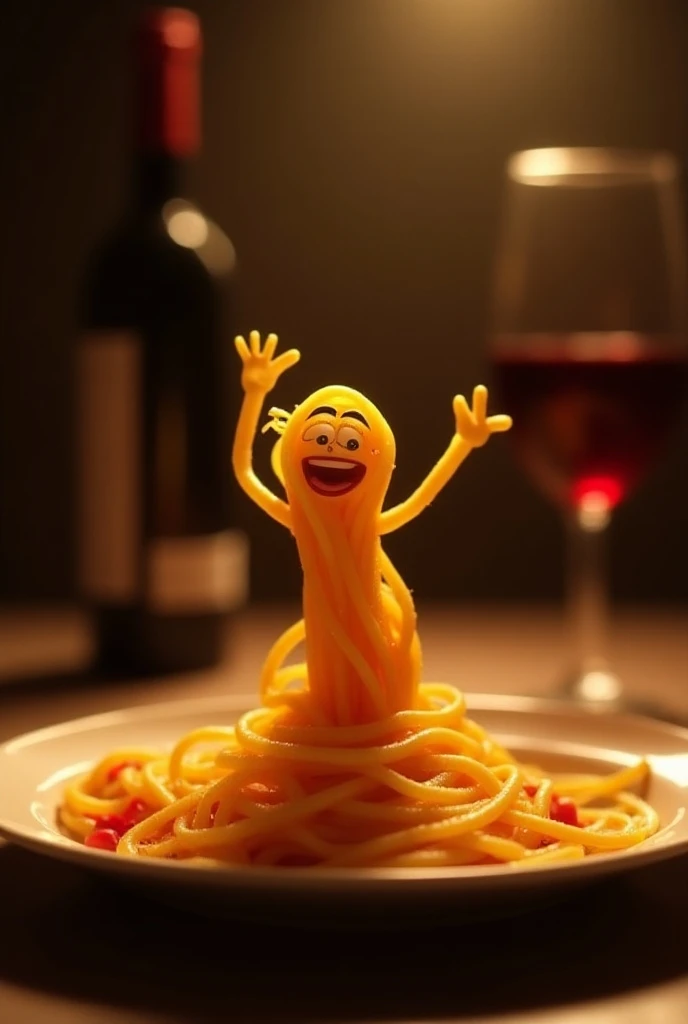 Spaghetti Dance Party: A single spaghetti figure dancing energetically on a plate, with a glass of red wine in the background, and soft, ambient lighting creating a fun yet cozy mood.