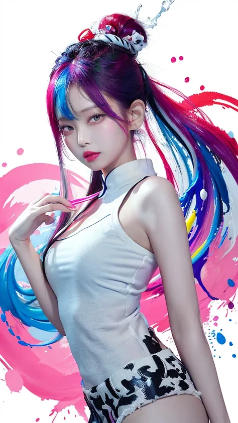 (Masterpiece, Best Quality, High Resolution), White Background, ((Paint Splash, Color Splash, Splash of Ink, Color Splash)), Sweet Chinese Girl, Rainbow Hair, Pink Lips, Front, Upper Body, Jennie Kim,