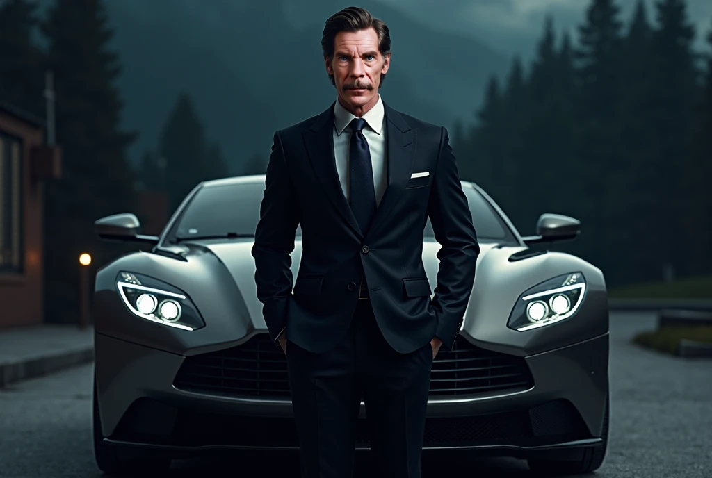  Recreate this character wearing an elegant suit , with an expensive car behind him , during the night,  and add a phrase never full revenge kills the soul and poisons 