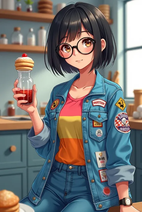 A beautiful 17-year-old girl, slim figure, short black hair reaching neck level with playful bangs, hazel eyes full of curiosity, warm natural smile, wearing casual modern clothes - blue jeans, colorful top, denim jacket with science and bakery themed patc...