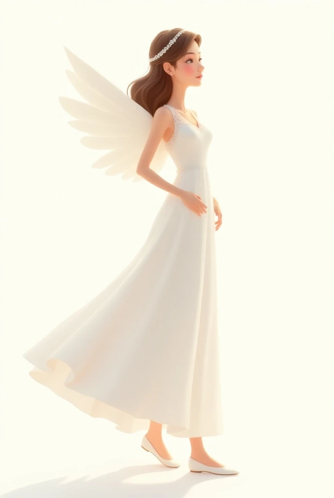 In a cartoon, create a lady , of angelic face,  in a white full body christening dress with shoes, white background